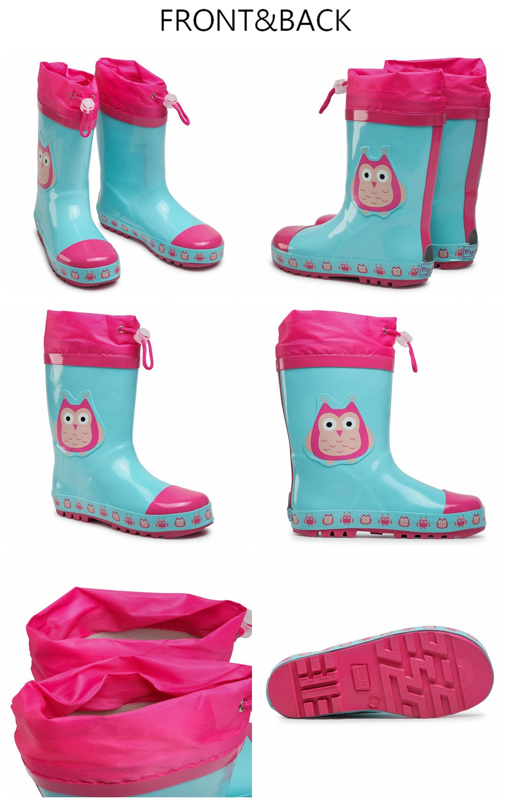 德國PlayShoes 天然橡膠中筒束口式兒童雨鞋-貓頭鷹