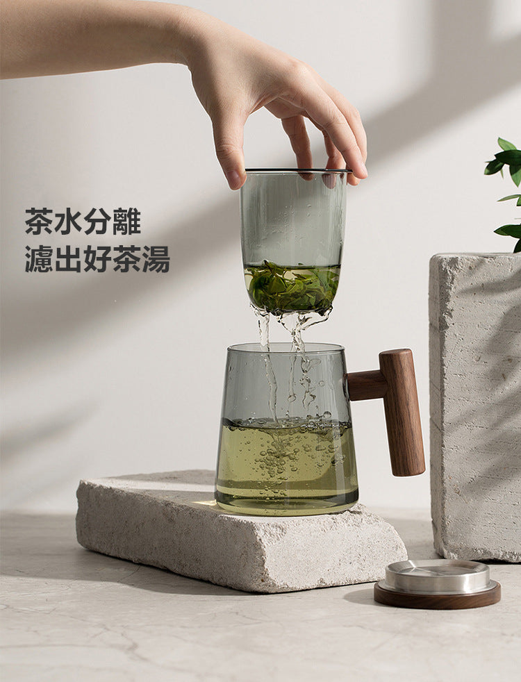 KOTI日安生活 日式青鈍色耐熱玻璃茶水分離泡茶杯附實木杯蓋