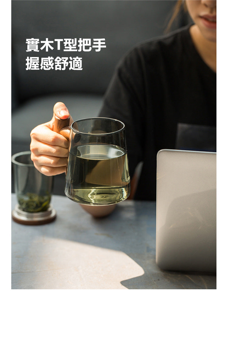 KOTI日安生活 日式青鈍色耐熱玻璃茶水分離泡茶杯附實木杯蓋