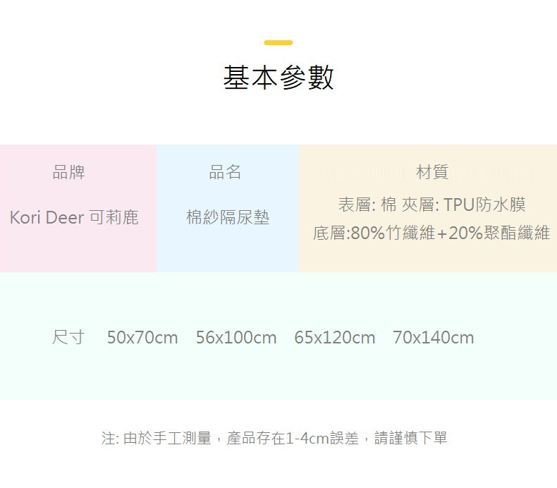 Kori Deer 可莉鹿 六層棉紗寶寶隔尿墊120*65cm 透氣防水保潔墊