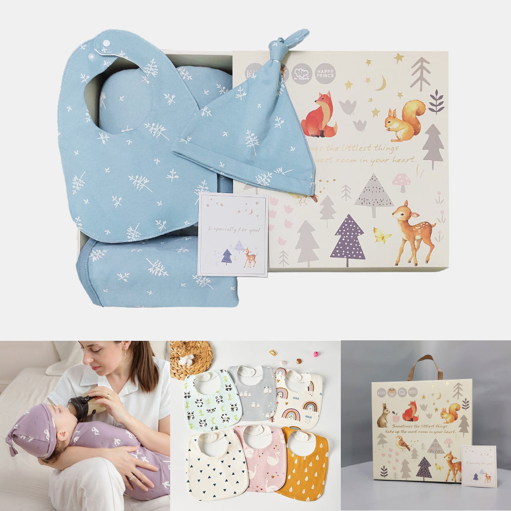 Kori Deer 可莉鹿 彌月禮盒組-北歐風嬰兒萬用包巾+寶寶帽+圍兜+哺乳枕四件組