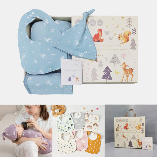 Kori Deer 可莉鹿 彌月禮盒組-北歐風嬰兒萬用包巾+寶寶帽+圍兜+哺乳枕四件組