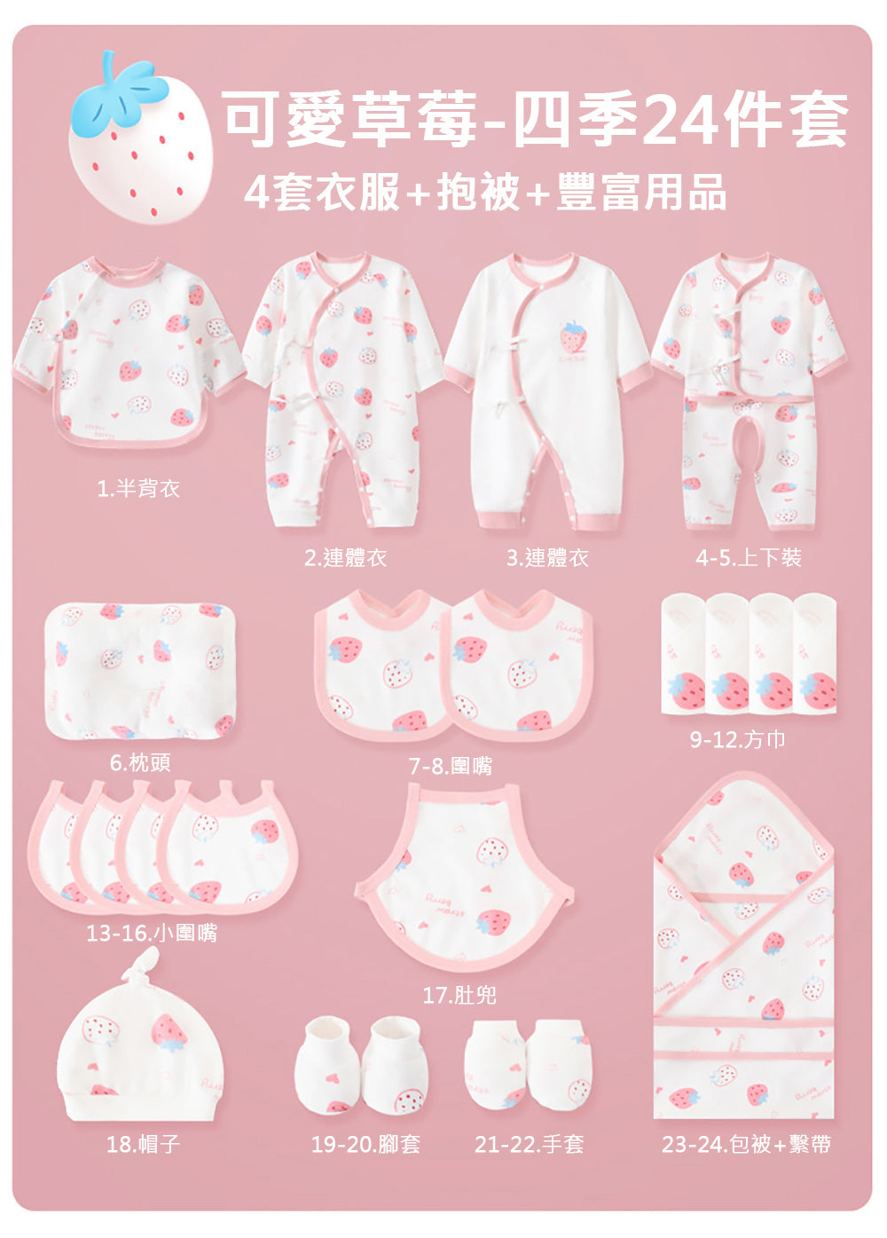 Kori Deer 可莉鹿 彌月禮盒-草莓女寶寶新生兒連身衣配件行李箱大禮包24件四季款