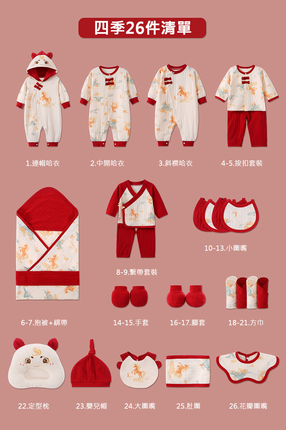 Kori Deer 可莉鹿 彌月禮盒-馬寶寶新生兒連身衣配件大禮包26件四季款