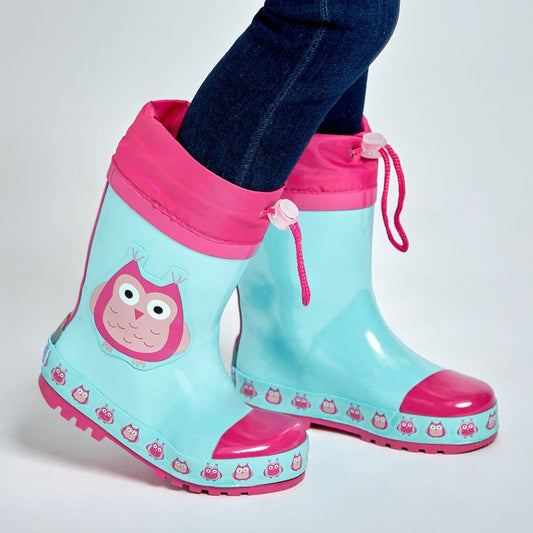 德國PlayShoes 天然橡膠中筒束口式兒童雨鞋-貓頭鷹