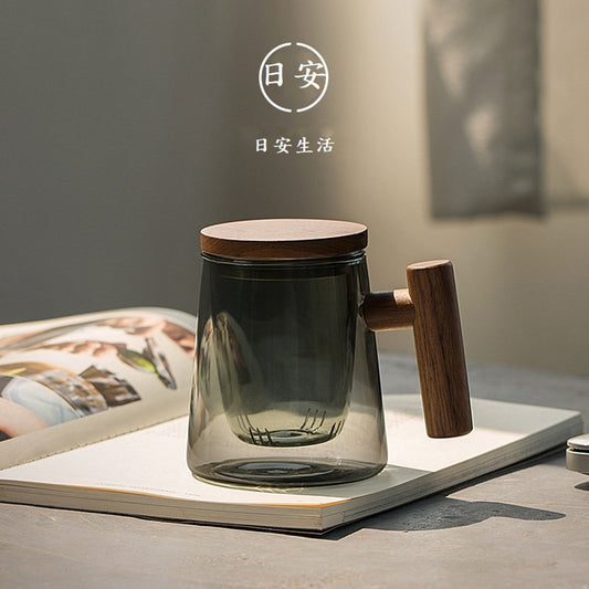 KOTI日安生活 日式青鈍色耐熱玻璃茶水分離泡茶杯附實木杯蓋