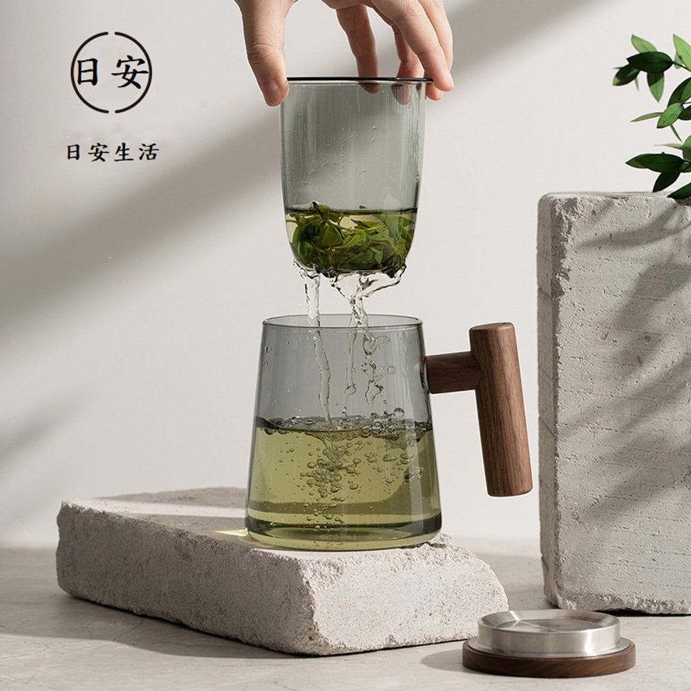 KOTI日安生活 日式青鈍色耐熱玻璃茶水分離泡茶杯附實木杯蓋