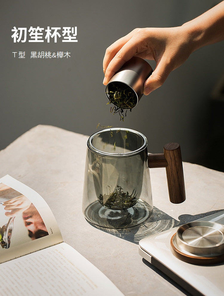 KOTI日安生活 日式青鈍色耐熱玻璃茶水分離泡茶杯附實木杯蓋