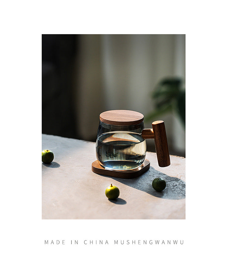 KOTI日安生活 日式青鈍色耐熱玻璃茶水分離泡茶杯附實木杯蓋